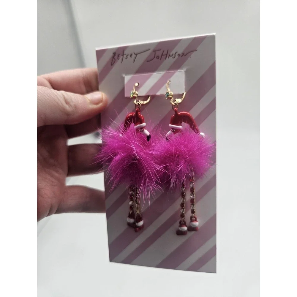 Betsey Johnson Gold Tone & Pink Fluffy Santa Flamingo Drop Earrings Crystal NWT